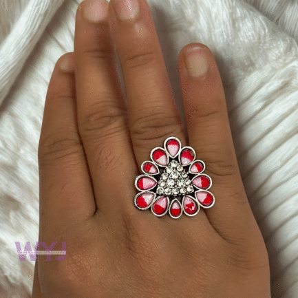 Crimson Petal Triangle Statement Ring – Adjustable Oxidised Finish