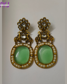 Mint Green Stone & Pearl Antique Gold Earrings