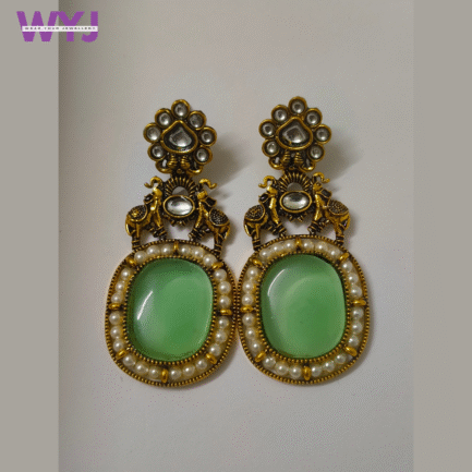 Mint Green Stone & Pearl Antique Gold Earrings