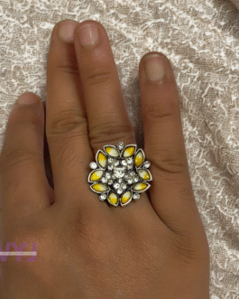 Sunshine Bloom Yellow Floral Statement Ring – Adjustable Antique Silver Finish