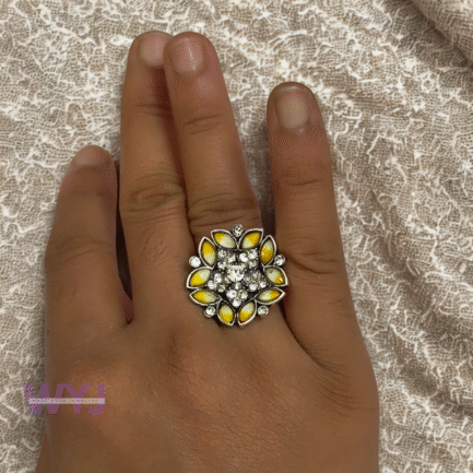 Sunshine Bloom Yellow Floral Statement Ring – Adjustable Antique Silver Finish