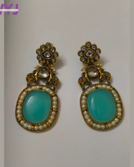 Turquoise Blue Stone & Pearl Antique Gold Earrings