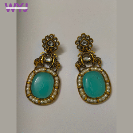 Turquoise Blue Stone & Pearl Antique Gold Earrings