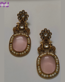 Rose Pink Stone & Pearl Antique Gold Earrings