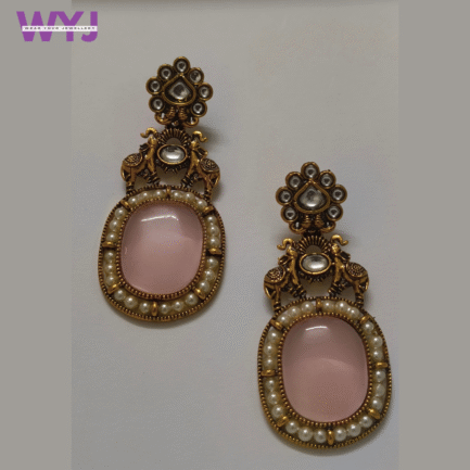Rose Pink Stone & Pearl Antique Gold Earrings