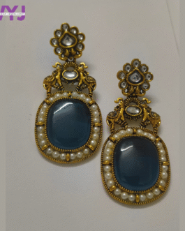 Midnight Blue Stone & Pearl Antique Gold Earrings