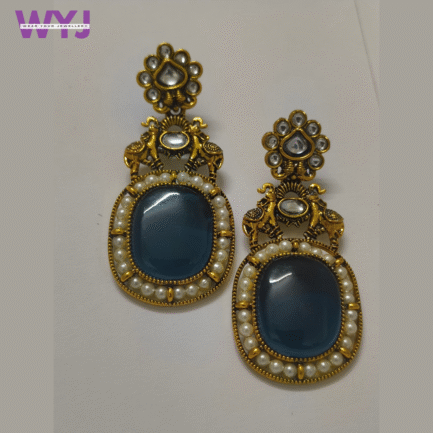 Midnight Blue Stone & Pearl Antique Gold Earrings
