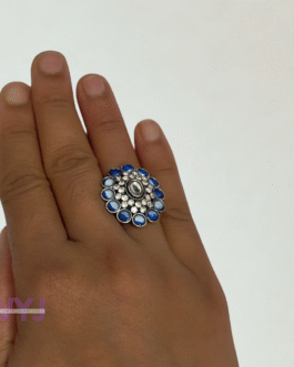 Royal Blue Kundan-Inspired Statement Ring – Adjustable Silver Finish