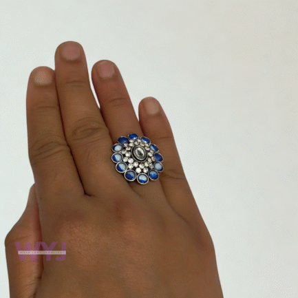 Royal Blue Kundan-Inspired Statement Ring – Adjustable Silver Finish