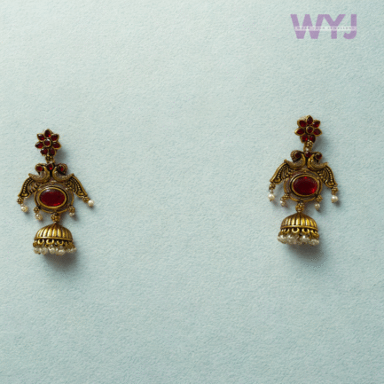 Antique Gold Red Temple Jhumka Earrings
