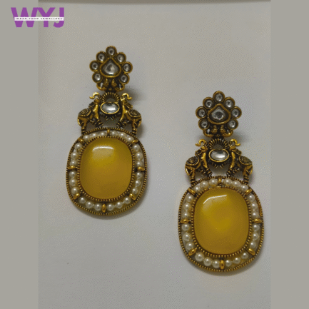 Sunshine Yellow Stone & Pearl Antique Gold Earrings