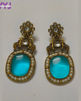 Antique Elephant Motif Kundan Earrings with Aqua Blue Stone