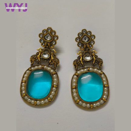 Antique Elephant Motif Kundan Earrings with Aqua Blue Stone
