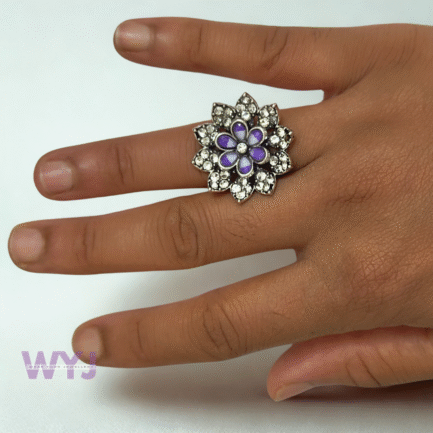 Purple Bloom Adjustable Statement Ring – Crystal & Enamel Flower Design