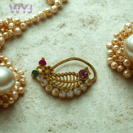 Maharashtrian Pearl Nath with Red & Green Stones