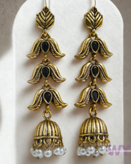 Antique Gold Long Jhumka Earrings with Black Stone & Pearl Drops | WYJ