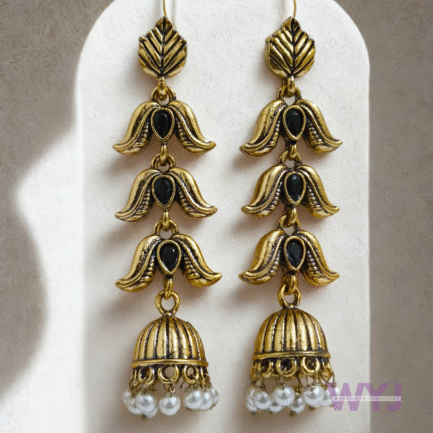 Antique Gold Long Jhumka Earrings with Black Stone & Pearl Drops | WYJ