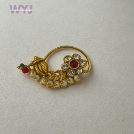 Traditional Floral Maharashtrian Nath with Pearl & Red Stone Accent