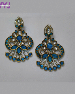 Royal Blue Kundan & Crystal Fan-Shaped Earrings