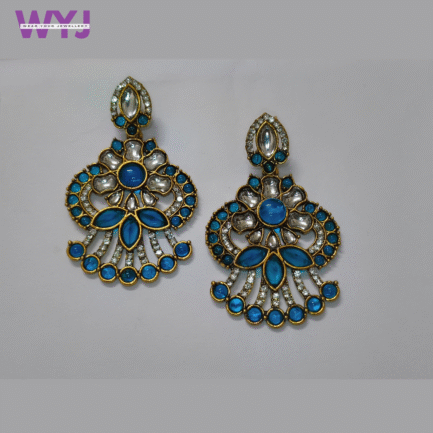 Royal Blue Kundan & Crystal Fan-Shaped Earrings