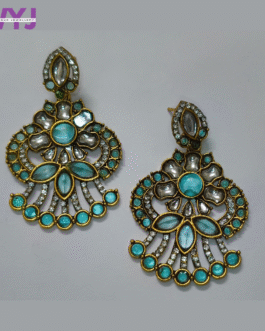 Royal Blue Kundan Fan Earrings with Floral Design