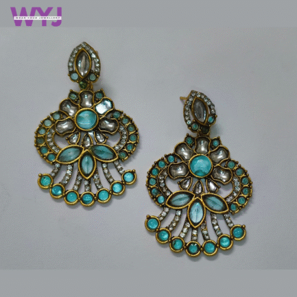 Royal Blue Kundan Fan Earrings with Floral Design