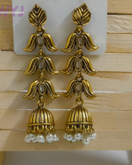 Antique Leaf & Petal Dome Jhumka Earrings – White Stone Edition