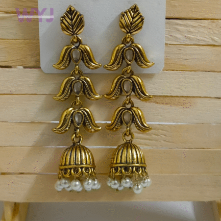Antique Leaf & Petal Dome Jhumka Earrings – White Stone Edition