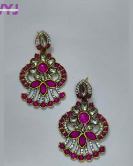 Magenta Pink Kundan & Crystal Fan-Shaped Earrings
