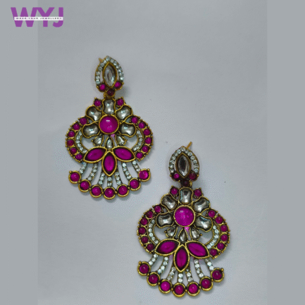 Magenta Pink Kundan & Crystal Fan-Shaped Earrings