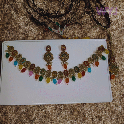 Multicolor Stone Traditional Necklace, Earring & Bindi Set