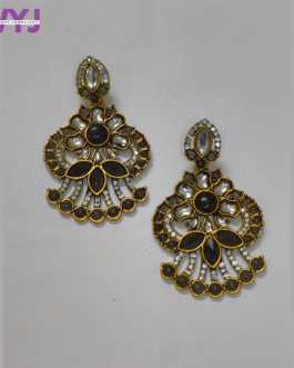 Elegant Black Kundan Floral Fan Earrings