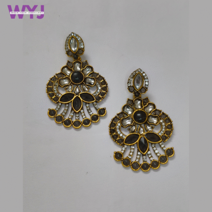 Elegant Black Kundan Floral Fan Earrings