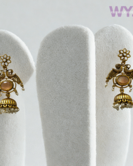 Antique Gold Jhumka Earrings with Peach Stone & Pearl Drops