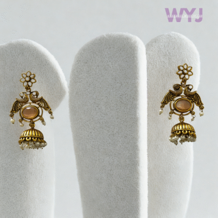 Antique Gold Jhumka Earrings with Peach Stone & Pearl Drops