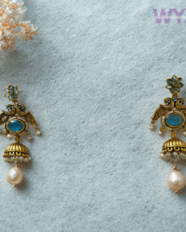 Peacock Blue Stone Jhumka Earrings with Pearl Drop