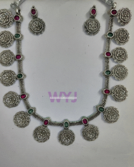 Antique Silver-Plated Floral Necklace Set with Green & Pink Stones – WYJ