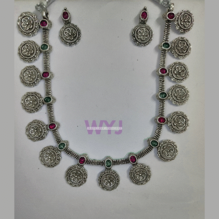 Antique Silver-Plated Floral Necklace Set with Green & Pink Stones – WYJ