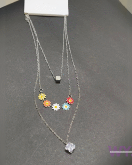 Silver Multi-Layered Chain Necklace with Colorful Floral Charm | WYJ