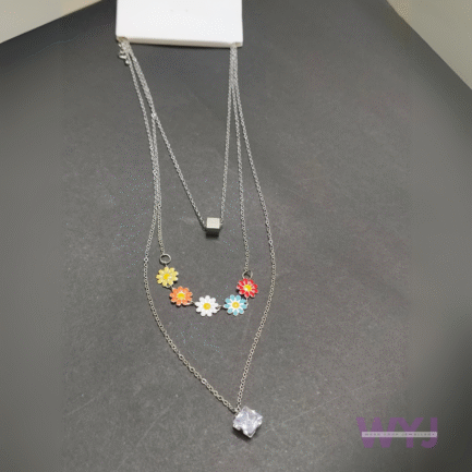 Silver Multi-Layered Chain Necklace with Colorful Floral Charm | WYJ