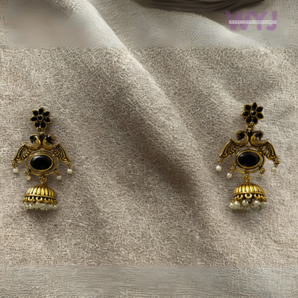 Black Stone Twin Peacock Jhumka Earrings