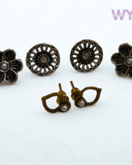 Antique Oxidised Earring Combo – Set of 3 (Floral + Pearl Studs)