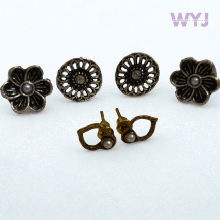 Antique Oxidised Earring Combo – Set of 3 (Floral + Pearl Studs)