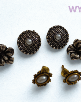 Antique Pearl Stud Earring Combo – Set of 3 (Textured + Floral)