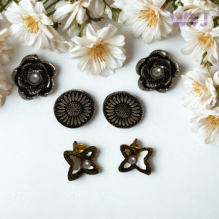 Trio Antique Earring Set - Rose, Sunflower & Star Studs