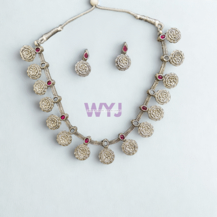 Antique Silver-Plated Floral Necklace Set with Green & Pink Stones – WYJ - Image 2