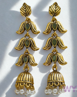 Antique Gold Long Jhumka Earrings with Green Stone & Pearl Drops | WYJ