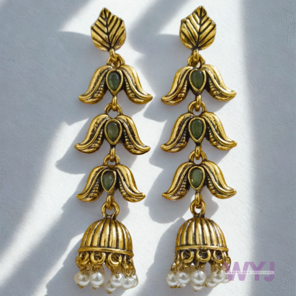 Antique Gold Long Jhumka Earrings with Green Stone & Pearl Drops | WYJ