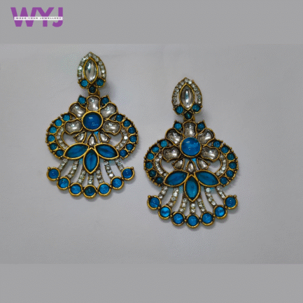 Royal Blue Kundan Statement Earrings with Diamond Detailing