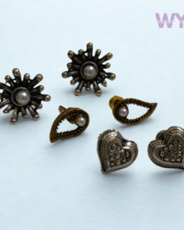 Trio Oxidised Earring Set – Heart, Eye & Burst Pearl Studs